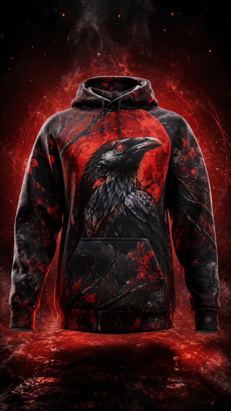 Custom AI-designed hoodie with a dark crow feather print, printed in the UK