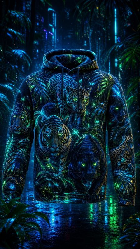Custom all-over print hoodie with an AI-generated prowling tiger jungle design